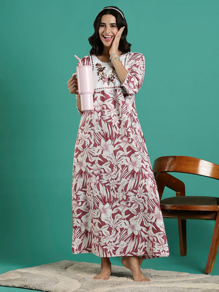 Magenta embroidered front cotton nightdress for women