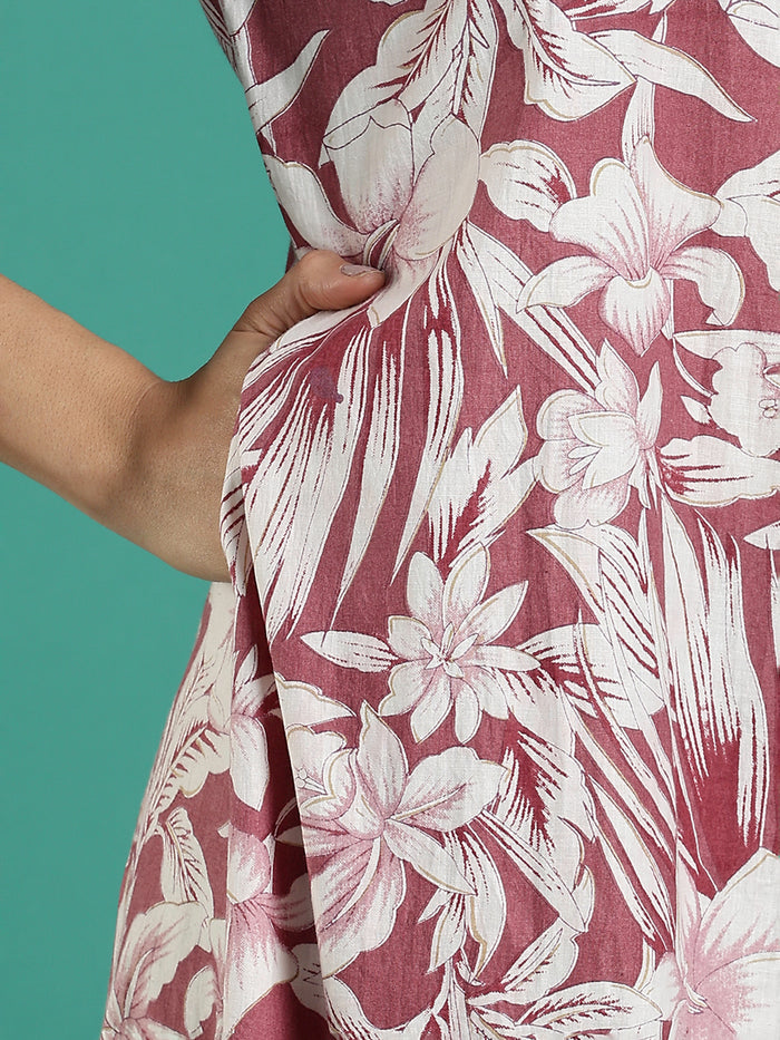 Magenta embroidered front cotton nightdress for women