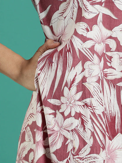 Magenta embroidered front cotton nightdress for women
