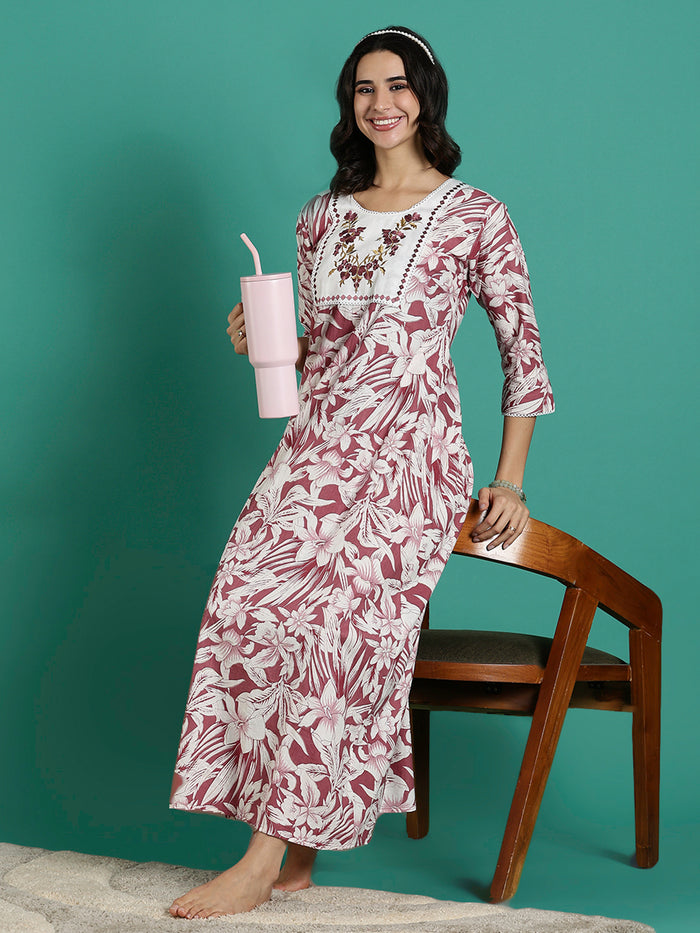 Magenta embroidered front cotton nightdress for women
