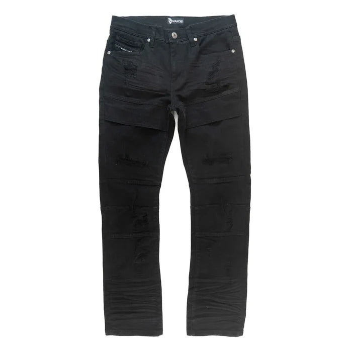 Close-up of Makobi Bruno Black Ripped Denim Jeans highlighting ripped and distressed fabric