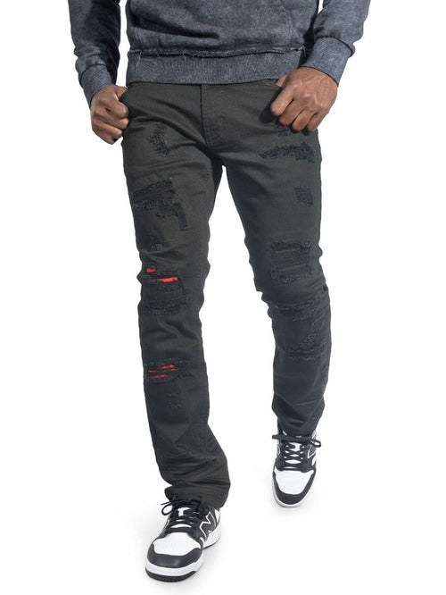 Makobi Modena Black Ripped Denim Jeans w/Red Detail (M1721)