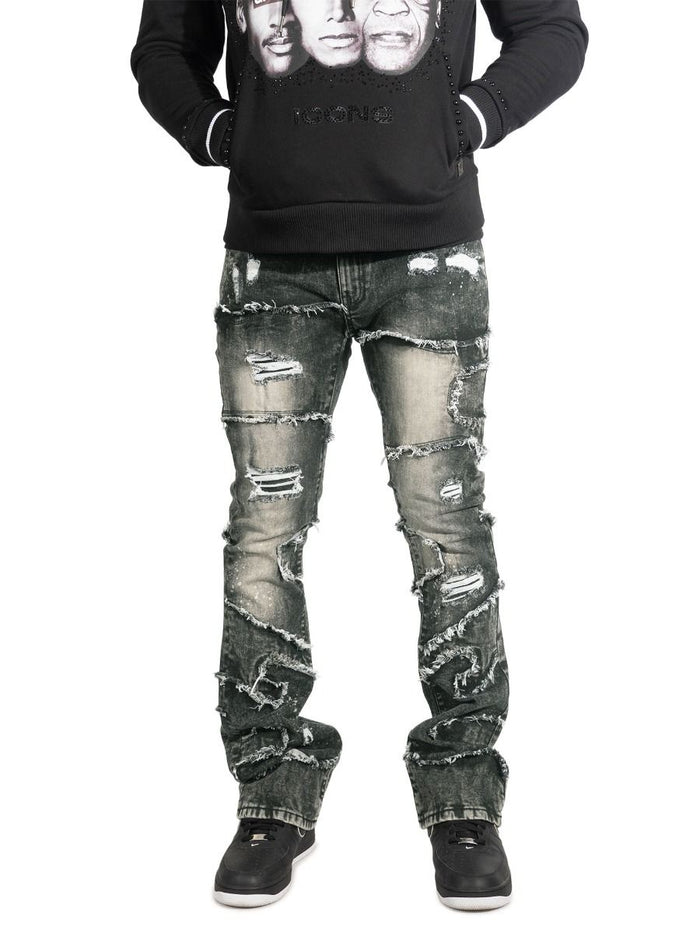 Makobi Pastoni Black Wash Ripped Stacked Flare Denim Jeans (M1984)
