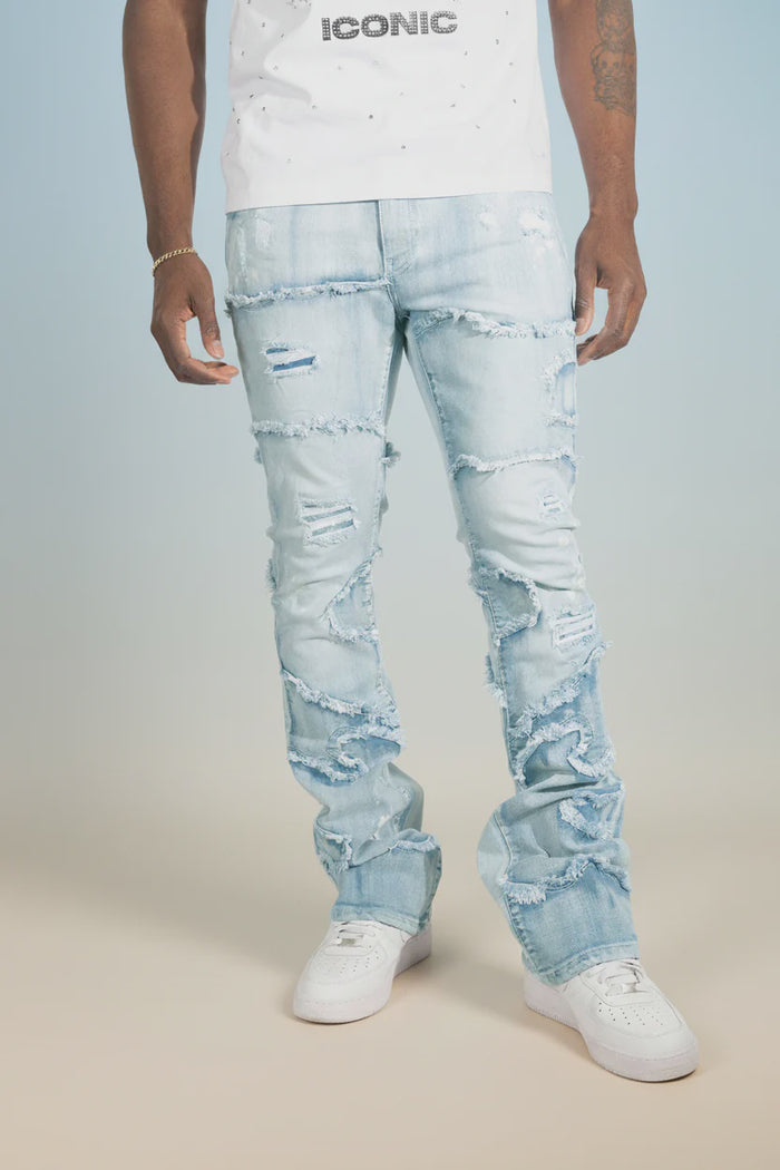 Makobi Pastoni Light Wash Ripped Stacked Flare Denim Jeans (M1984)