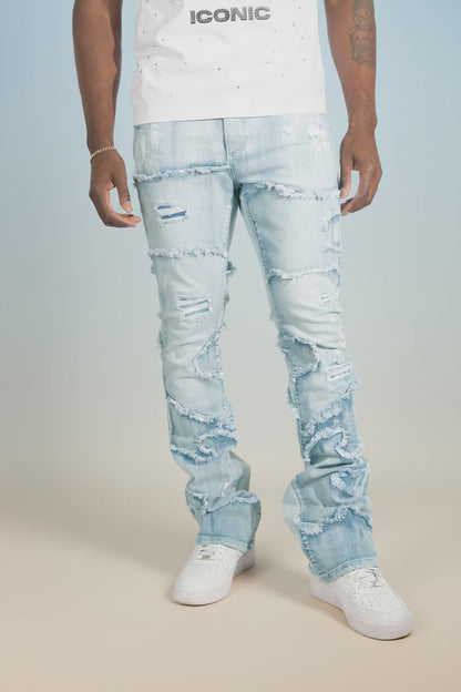 Makobi Pastoni Light Wash Ripped Stacked Flare Denim Jeans (M1984)