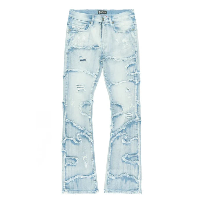 Makobi Pastoni Light Wash Ripped Stacked Flare Denim Jeans (M1984)