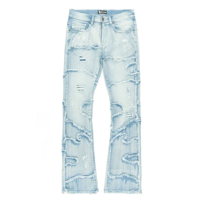 Makobi Pastoni Light Wash Ripped Stacked Flare Denim Jeans (M1984)
