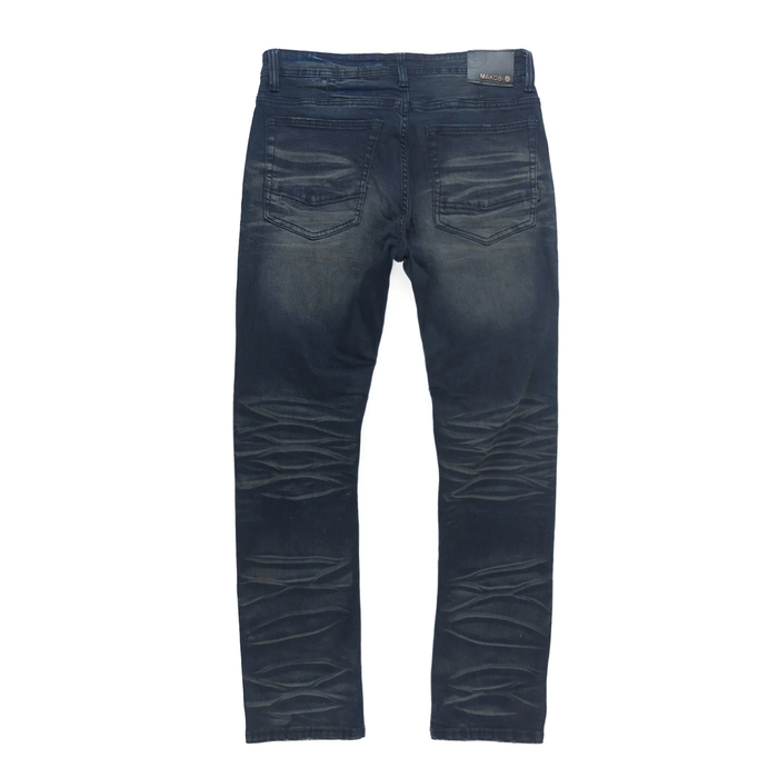 A close-up of Makobi Romano Vintage Blue Denim Jeans (M1934) showcasing classic distressed detailing and a stylish fit