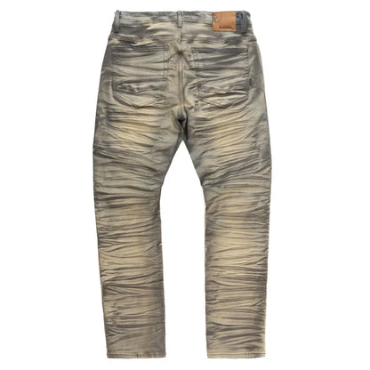 Detail shot of Makobi Toronto Dirt Denim Jeans (M1921) displaying distressed details and authentic denim look