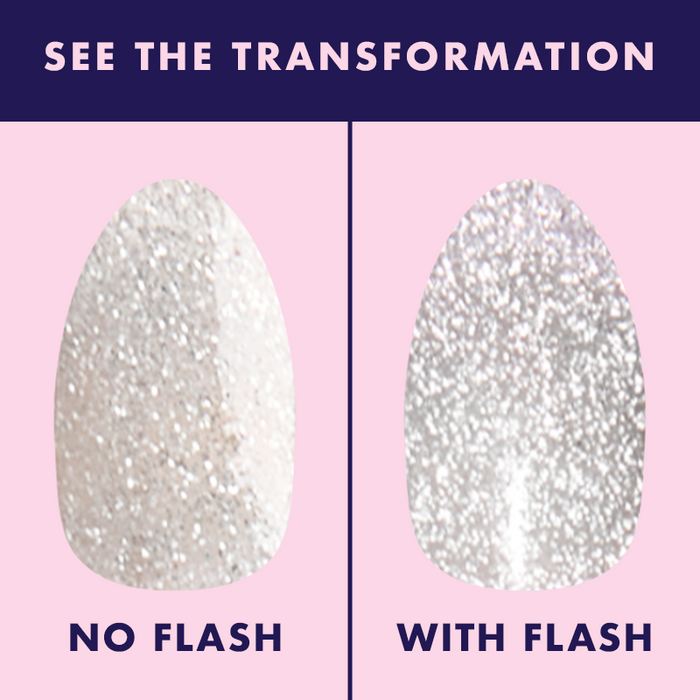 Mani on the Dance Floor Gel glitter polish swatch showing silver sparkle without and with flash lighting for mani use