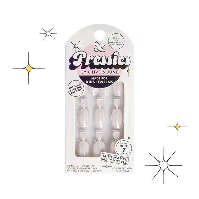 Marshmallow Puff Chrome - Pressies | Short Medium | Round showing white chrome effect press-on nails for kids mani
