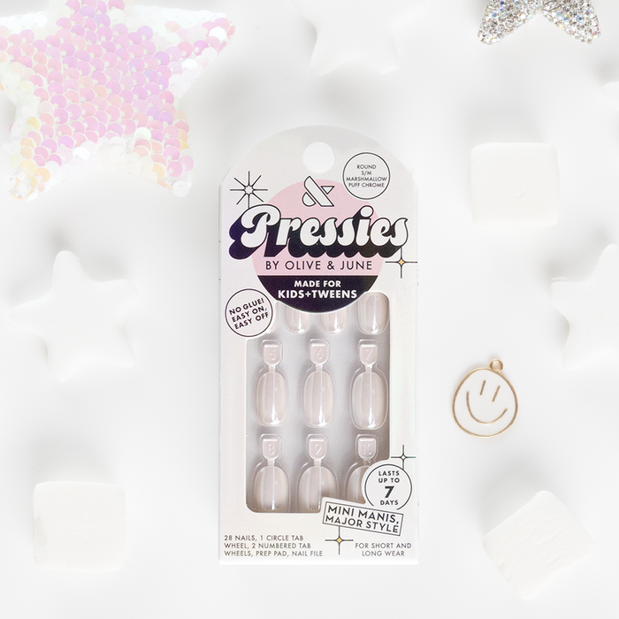 Marshmallow Puff Chrome - Pressies | Short Medium | Round showing white chrome effect press-on false nails for kids mani