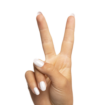 Marshmallow Puff Chrome - Pressies | Short Medium | Round showing a hand with shiny white chrome press-on nails in a peace sign pose