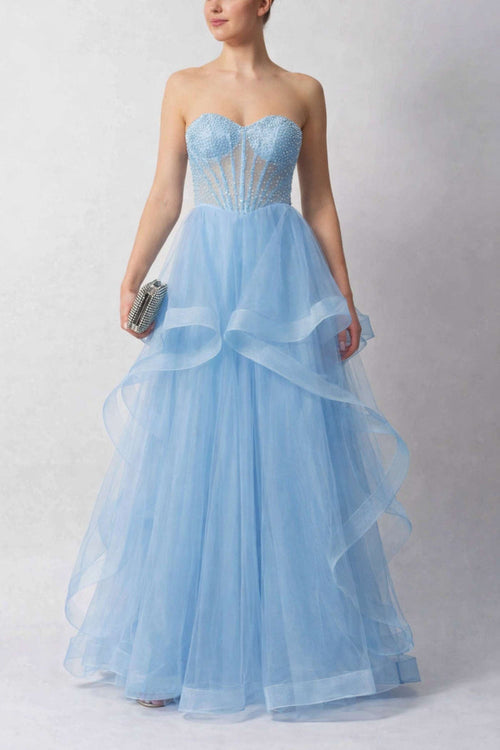Strapless Baby Blue Tulle Prom Dress Mascara MC29514 with beaded bodice and layered skirt, ideal for formal events or prom nights.