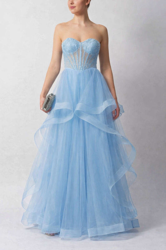 Strapless Baby Blue Tulle Prom Dress Mascara MC29514 with beaded bodice and layered skirt, ideal for formal events or prom nights.