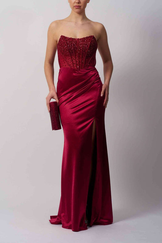 Strapless wine boned fitted dress with embellished bodice and satin skirt for prom or formal events