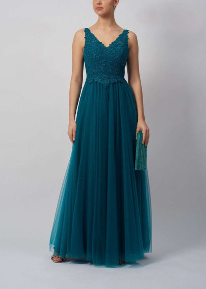 Mascara MC23344 Petrol V-Neck Embroidered Tulle Prom Dress with floral lace bodice and flowing tulle skirt, ideal for formal events and proms.