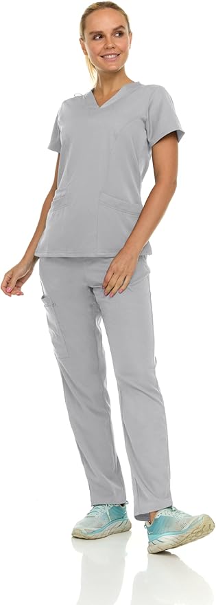 Medichic Eleanor V-Neck Top with Joelle Elastic Drawstring Cargo Pants Scrub Set - Silver Grey