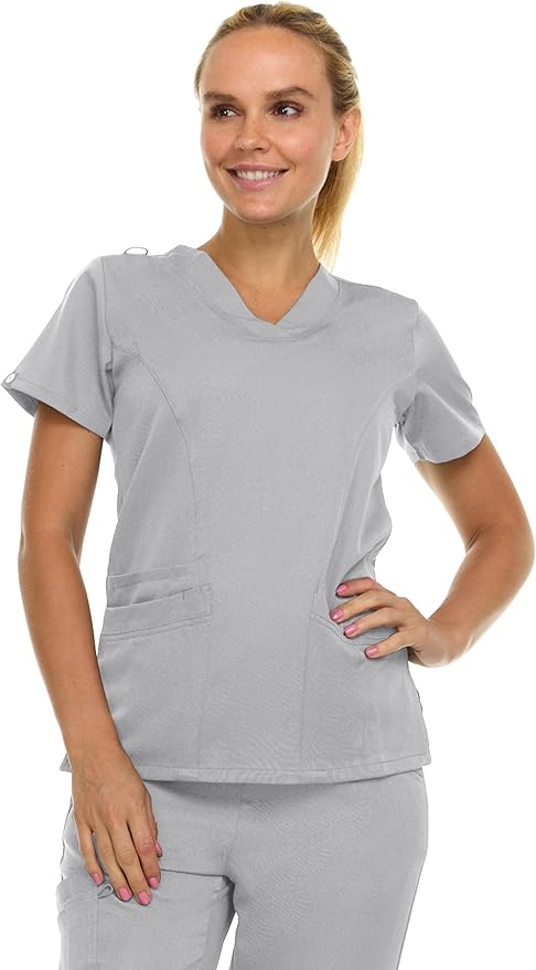 Medichic Eleanor V-Neck Top with Joelle Elastic Drawstring Cargo Pants Scrub Set - Silver Grey