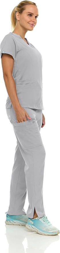 Medichic Eleanor V-Neck Top with Joelle Elastic Drawstring Cargo Pants Scrub Set - Silver Grey