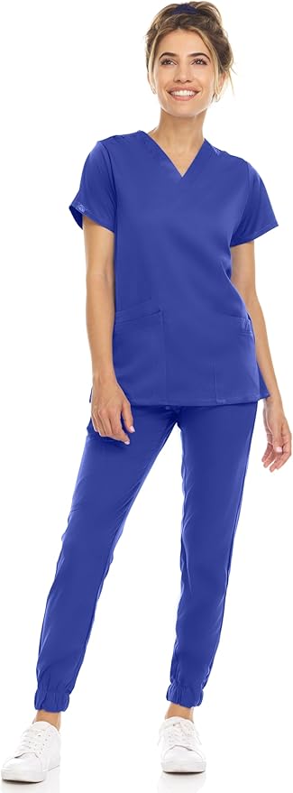 Medichic Eleanor V-Neck Top with Leah Elastic Waist Cargo Jogger Pants Scrub Set - Galaxy Blue