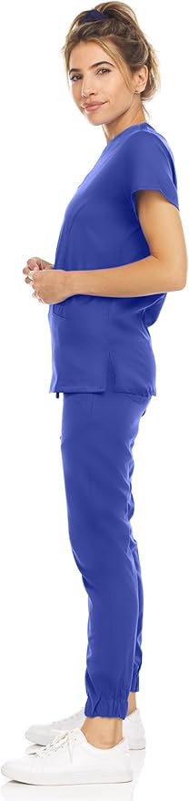 Medichic Eleanor V-Neck Top with Leah Elastic Waist Cargo Jogger Pants Scrub Set - Galaxy Blue