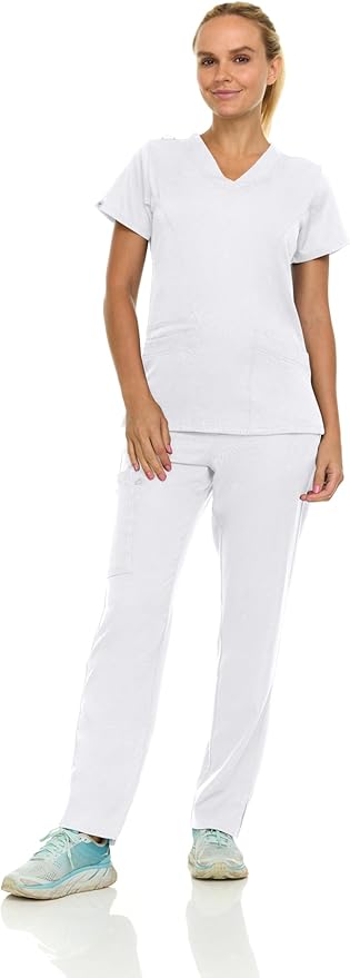 Medichic Eleanor V-Neck Top with Tall Joelle Elastic Drawstring Cargo Pants Scrub Set - White