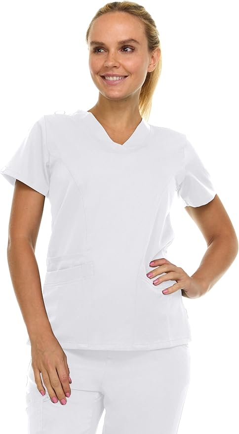Medichic Eleanor V-Neck Top with Tall Joelle Elastic Drawstring Cargo Pants Scrub Set - White