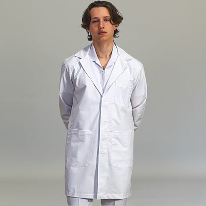 Mens white Alviero lab coat with three pockets and tailored clinical fit - SFORME