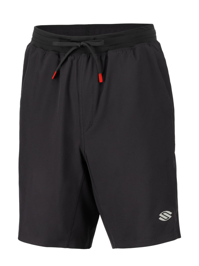 Men's black athletic shorts with elastic waistband and tied drawstring with red tips, small S-shaped logo on lower-right hem