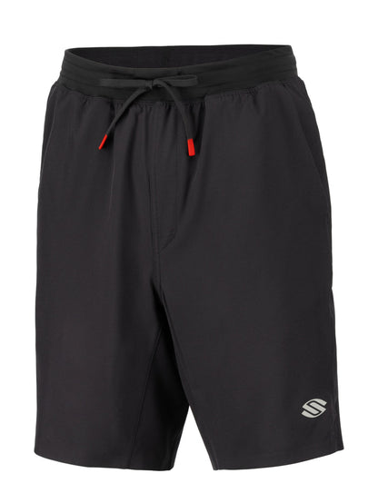 Men's black athletic shorts with elastic waistband and tied drawstring with red tips, small S-shaped logo on lower-right hem