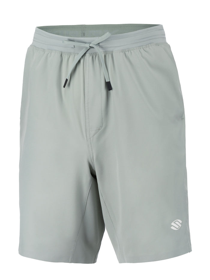Front view of men’s Essentials 9 inch Performance Pickleball Shorts with light gray fabric, drawstring waist, and Selkirk logo