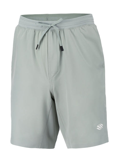 Front view of men’s Essentials 9 inch Performance Pickleball Shorts with light gray fabric, drawstring waist, and Selkirk logo