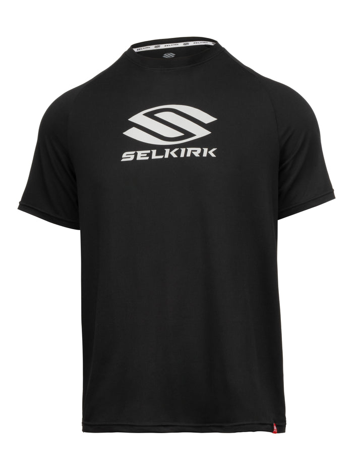 Black short-sleeve athletic T-shirt with white SELKIRK logo centered on the chest