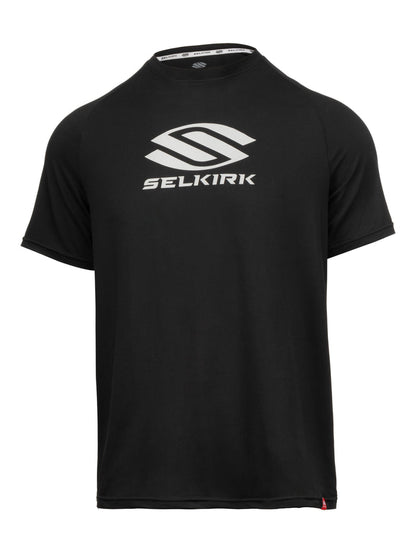 Black short-sleeve athletic T-shirt with white SELKIRK logo centered on the chest