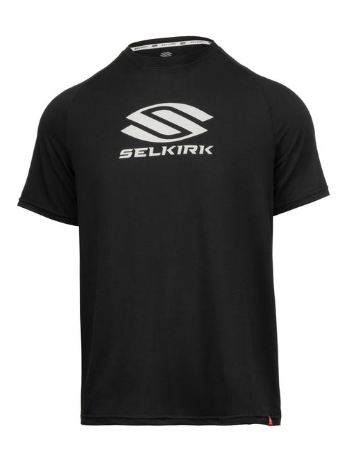 Black short-sleeve athletic T-shirt with white SELKIRK logo centered on the chest