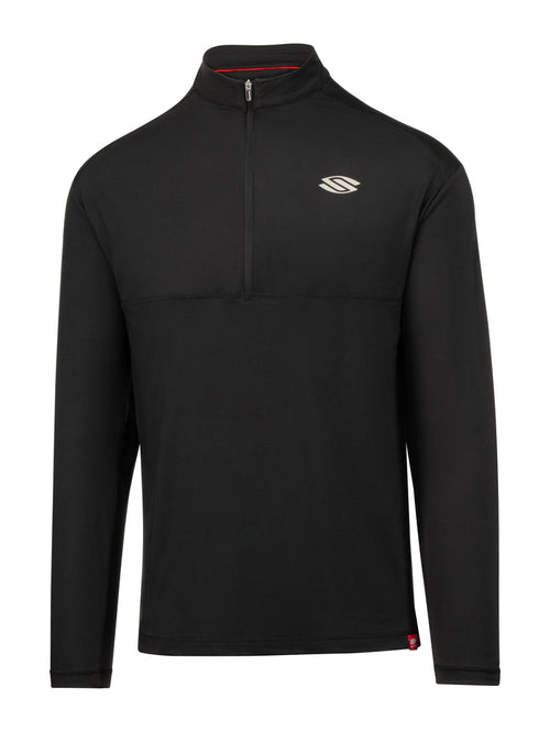 Black long-sleeve quarter-zip pullover with mock collar, small chest logo, red interior collar trim and red hem tag.