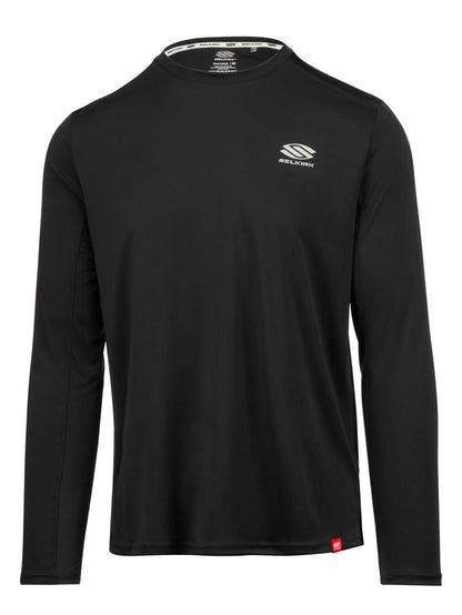 Black long-sleeve performance shirt with SELKIRK logo; collar label reads 'SELKIRK Essentials M'.