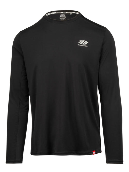 Black long-sleeve performance shirt with SELKIRK logo; collar label reads 'SELKIRK Essentials M'.