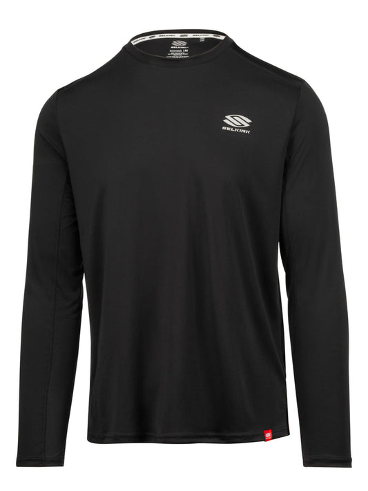 Black long-sleeve performance shirt with SELKIRK logo; collar label reads 'SELKIRK Essentials M'.
