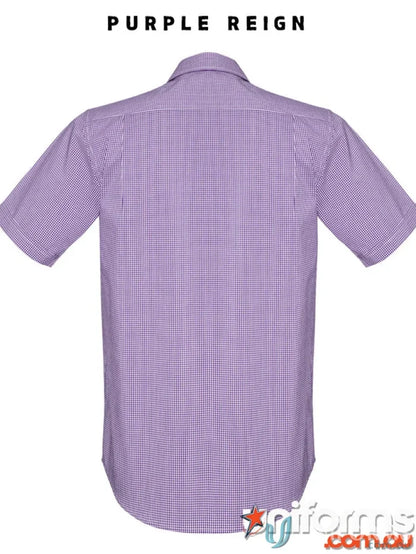 Purple checkered men’s Newport SS Shirt for easy wear, gentle machine wash safe