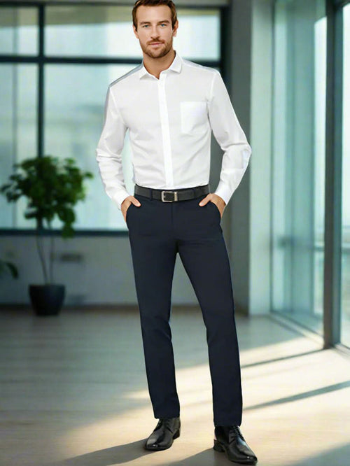 Mens classic slim BS720M shirt with navy trousers
