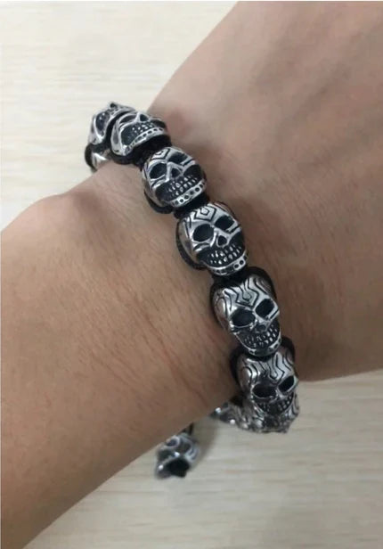 Men’s Stainless Steel Skull Macrame Cuff Bracelet – Adjustable