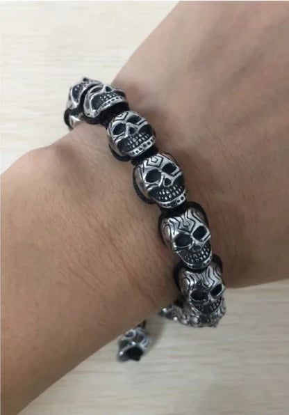 Men’s Stainless Steel Skull Macrame Cuff Bracelet – Adjustable
