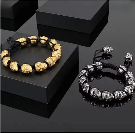Men’s Stainless Steel Skull Macrame Cuff Bracelet – Adjustable