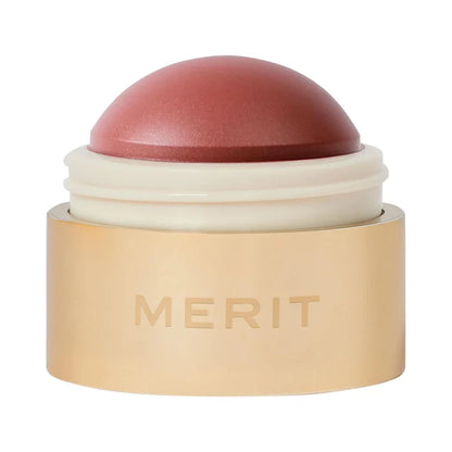 Merit Flush Balm Cream Blush in various shades, creamy formula, applied on cheeks for a natural, radiant glow.