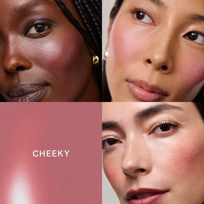 Merit Flush Balm Cream Blush in various shades, natural makeup look, close-up of the compact and smooth blush application