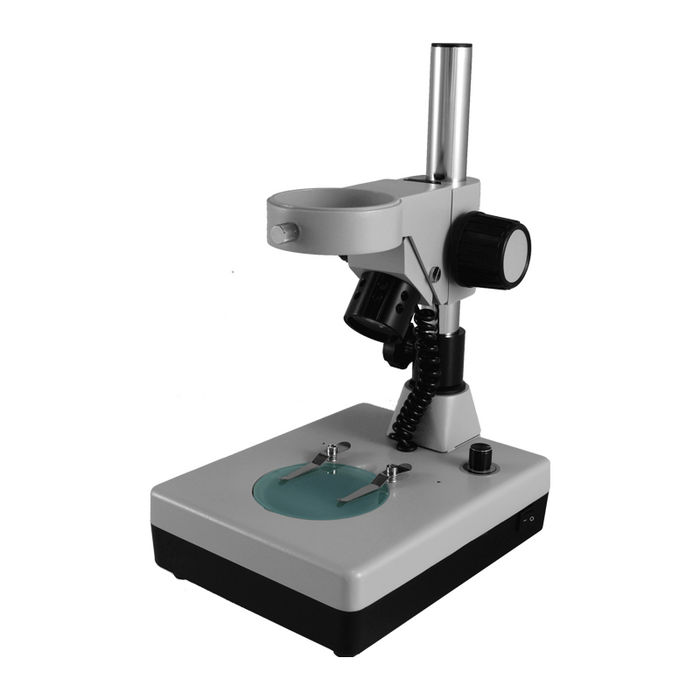 Microscope Post Stand, 76mm Coarse Focus Rack, Top and Bottom Light, Halogen and Fluorescent (Dimmable), SKU ST07011401, three quarter front view