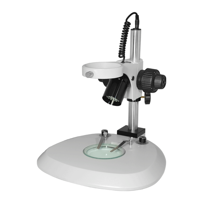 Microscope Post Stand, 76mm Fine Focus Rack, Top and Bottom LED Light (Dimmable), SKU ST08021101, three quarter front view