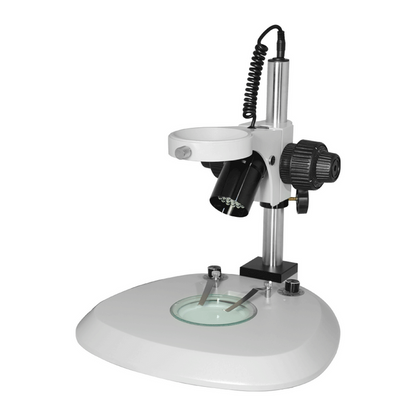 Microscope Post Stand, 76mm Fine Focus Rack, Top and Bottom LED Light (Dimmable), SKU ST08021101, three quarter front view